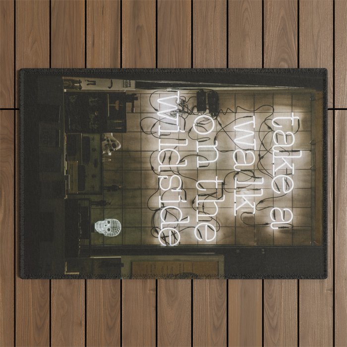 Hey Baby Take a Walk on the Wild Side -  70s Lou Reed quote street art neon retro typography Outdoor Rug Gallery Image 1