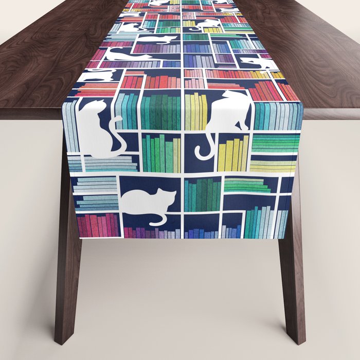 Rainbow bookshelf // navy blue background white shelf and library cats Table Runner Gallery Image 1