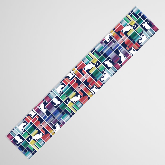 Rainbow bookshelf // navy blue background white shelf and library cats Table Runner Gallery Image 3