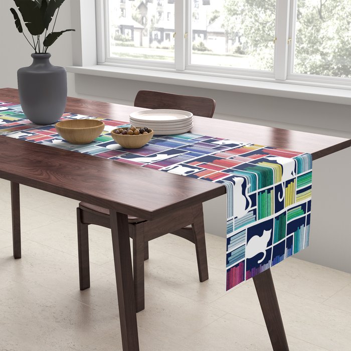 Rainbow bookshelf // navy blue background white shelf and library cats Table Runner Gallery Image 2