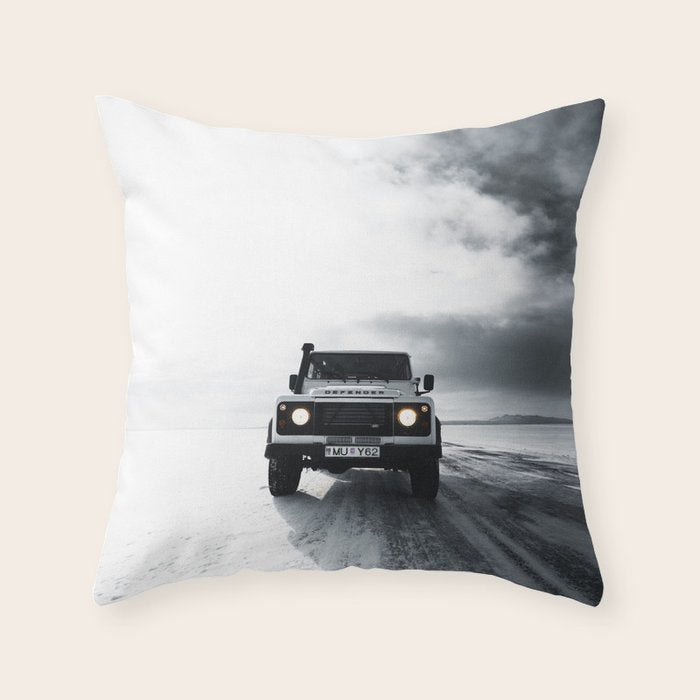 landrover defender in iceland Throw Pillow Gallery Image 1