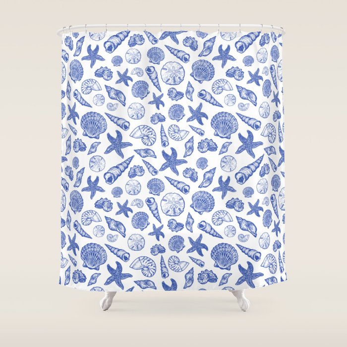 Blue Seashell Print Shower Curtain Gallery Image 1