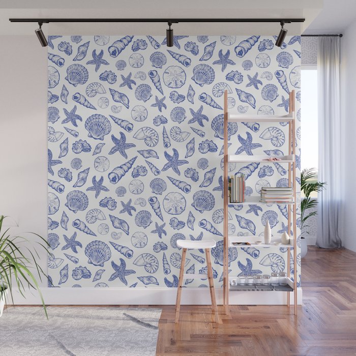 Blue Seashell Print Wall Mural Gallery Image 1