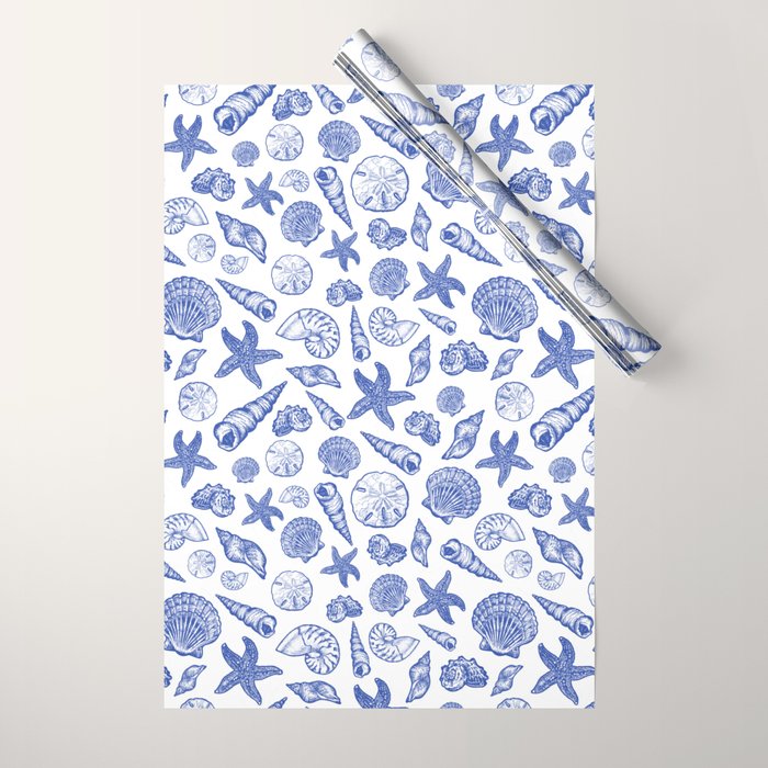 Blue Seashell Print Wrapping Paper Gallery Image 1