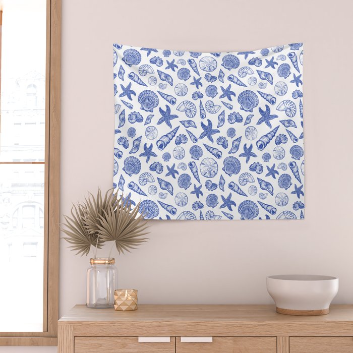 Blue Seashell Print Wall Tapestry Gallery Image 2