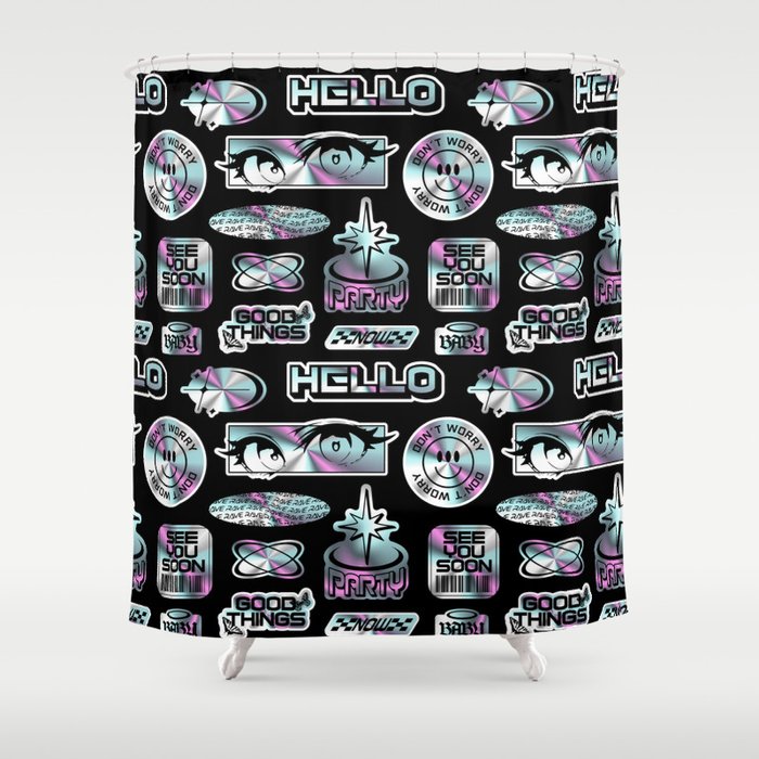 Retro holographic Y2K sticker pattern Shower Curtain Gallery Image 1