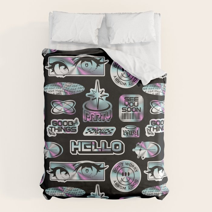 Retro holographic Y2K sticker pattern Duvet Cover Gallery Image 6