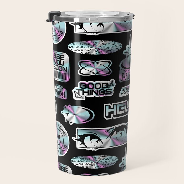 Retro holographic Y2K sticker pattern Travel Mug Gallery Image 3