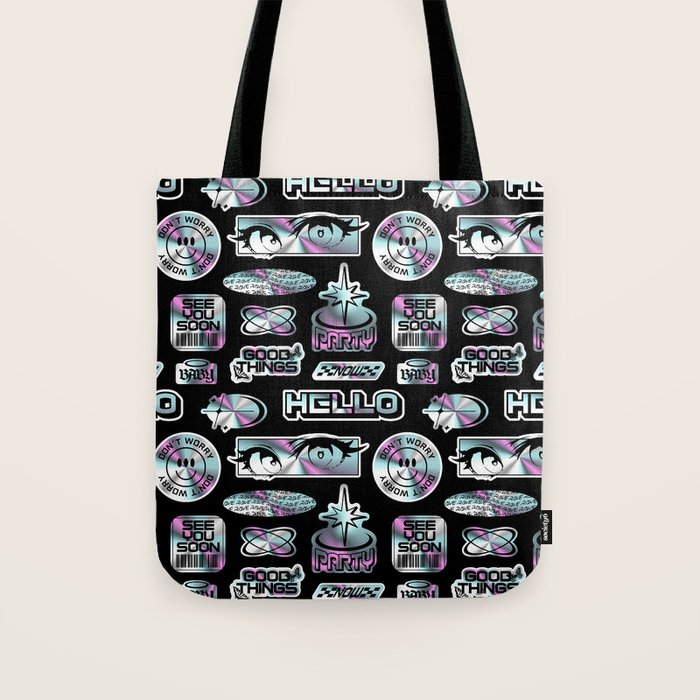 Retro holographic Y2K sticker pattern Tote Bag Gallery Image 1