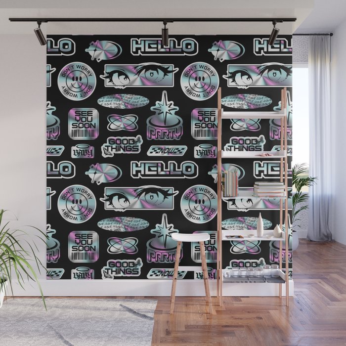 Retro holographic Y2K sticker pattern Wall Mural Gallery Image 1