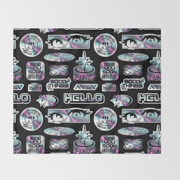 Retro holographic Y2K sticker pattern Throw Blanket Gallery Image 2
