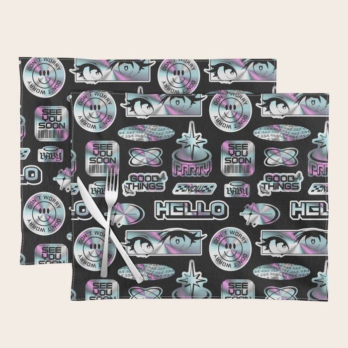 Retro holographic Y2K sticker pattern Placemat Gallery Image 1