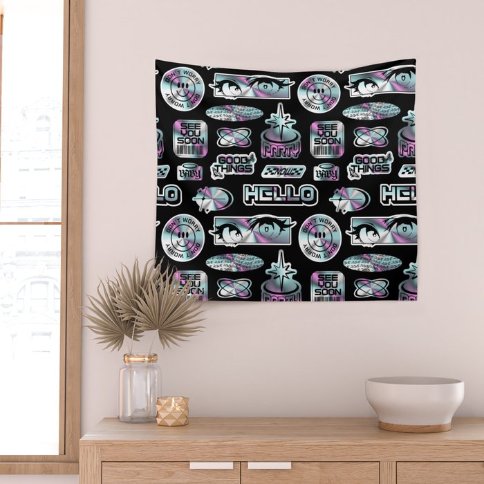 Retro holographic Y2K sticker pattern Wall Tapestry Gallery Image 2