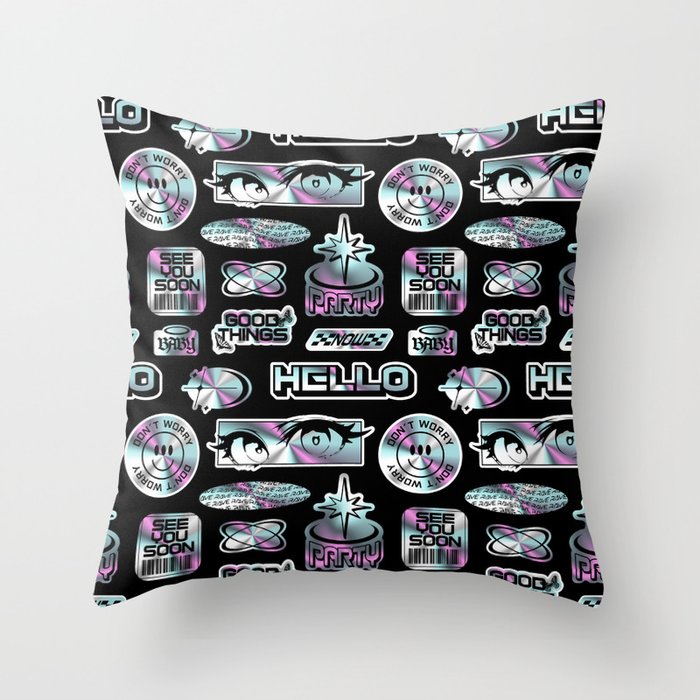 Retro holographic Y2K sticker pattern Throw Pillow Gallery Image 1