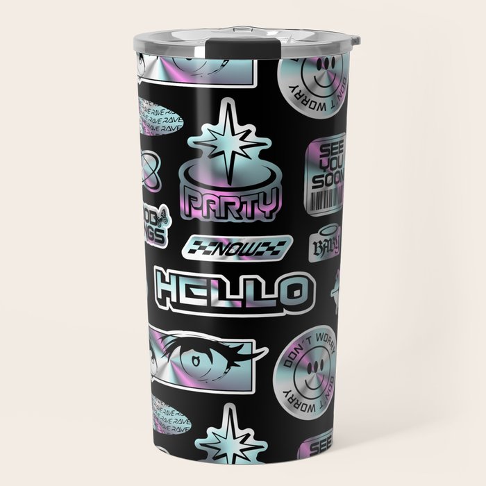 Retro holographic Y2K sticker pattern Travel Mug Gallery Image 1