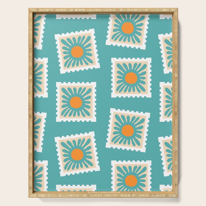 Vintage flower postage stamp pattern Serving Tray Gallery Image 1