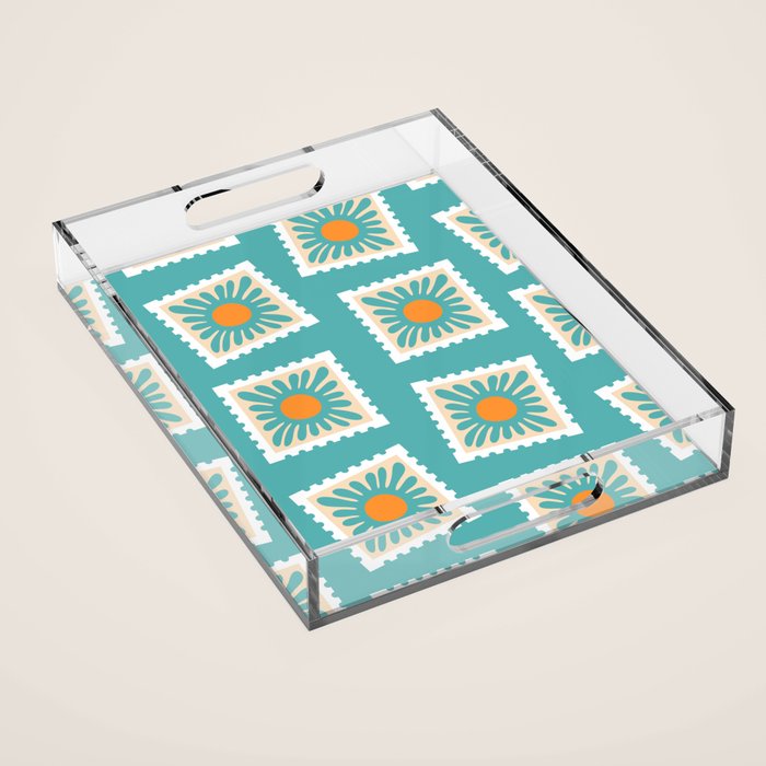 Vintage flower postage stamp pattern Acrylic Tray Gallery Image 1