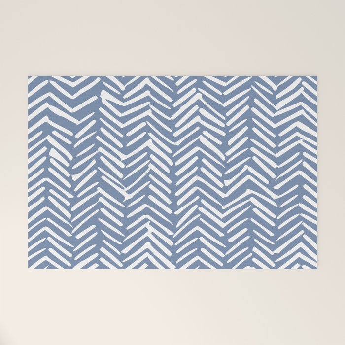Abstract Herringbone Pattern, Rustic, Blue and White Welcome Mat Gallery Image 1