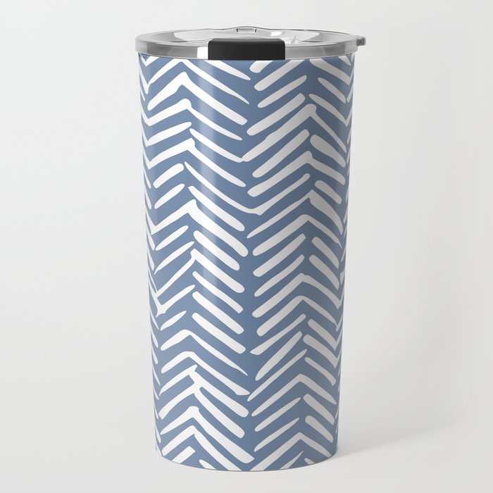 Abstract Herringbone Pattern, Rustic, Blue and White Travel Mug Gallery Image 1