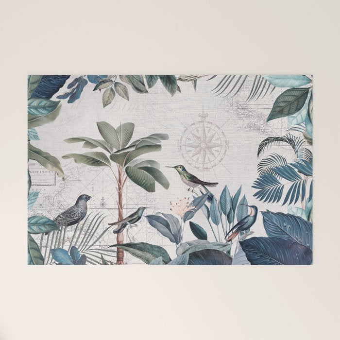 Tropical Birds Paradise Vintage Botanical Illustration Welcome Mat Gallery Image 1