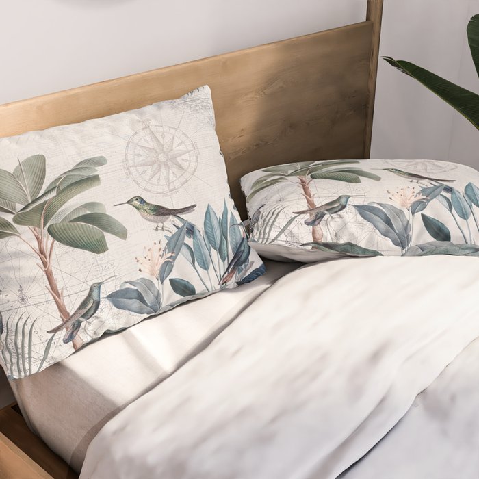 Tropical Birds Paradise Vintage Botanical Illustration Pillow Sham Gallery Image 2
