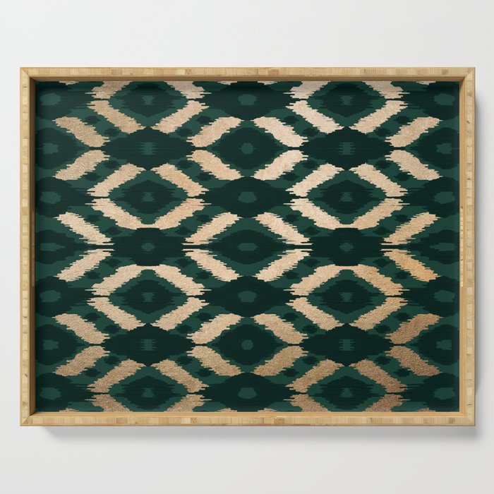 Bohemian Gold Forest Green Ikat Pattern Serving Tray
