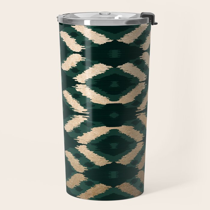 Bohemian Gold Forest Green Ikat Pattern Travel Mug Gallery Image 2