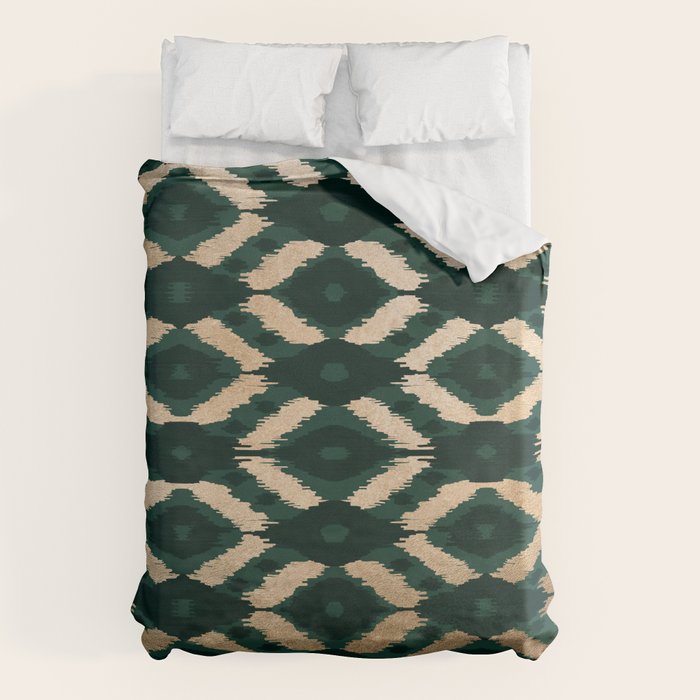 Bohemian Gold Forest Green Ikat Pattern Duvet Cover