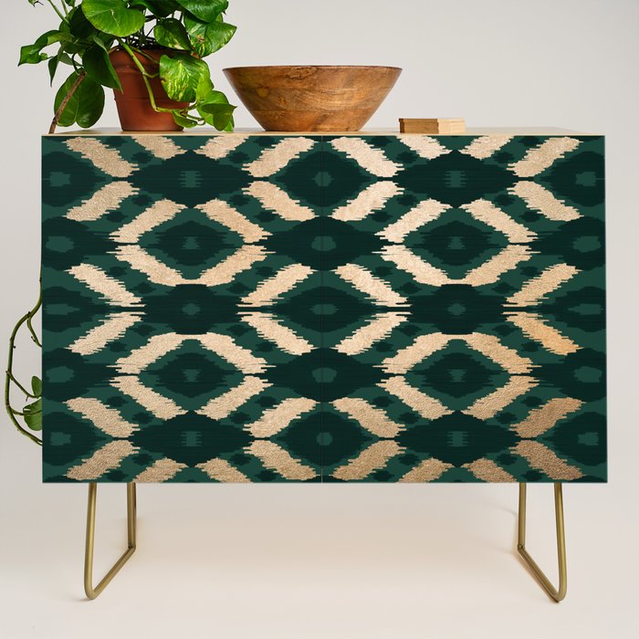 Bohemian Gold Forest Green Ikat Pattern Credenza Gallery Image 1