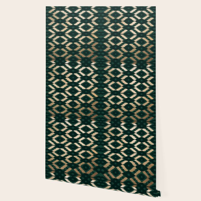 Bohemian Gold Forest Green Ikat Pattern Wallpaper Gallery Image 2
