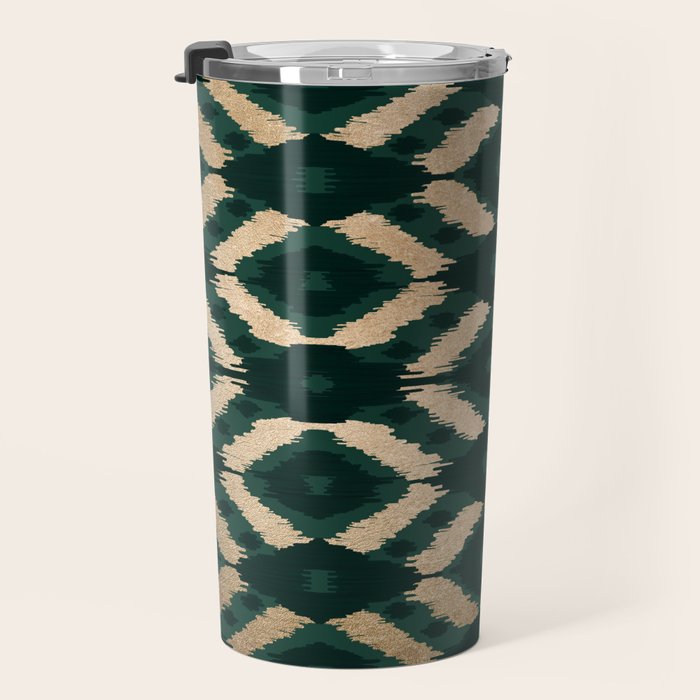 Bohemian Gold Forest Green Ikat Pattern Travel Mug Gallery Image 3
