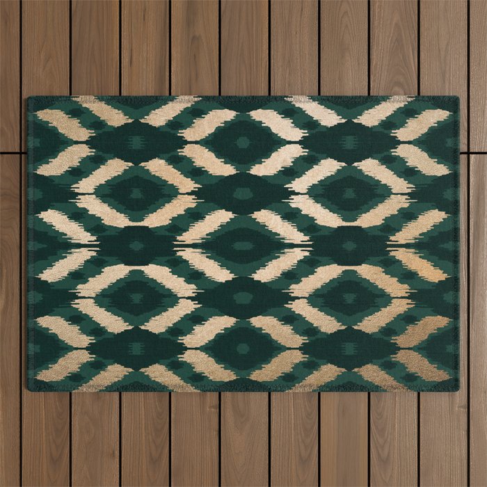 Bohemian Gold Forest Green Ikat Pattern Outdoor Rug Gallery Image 1