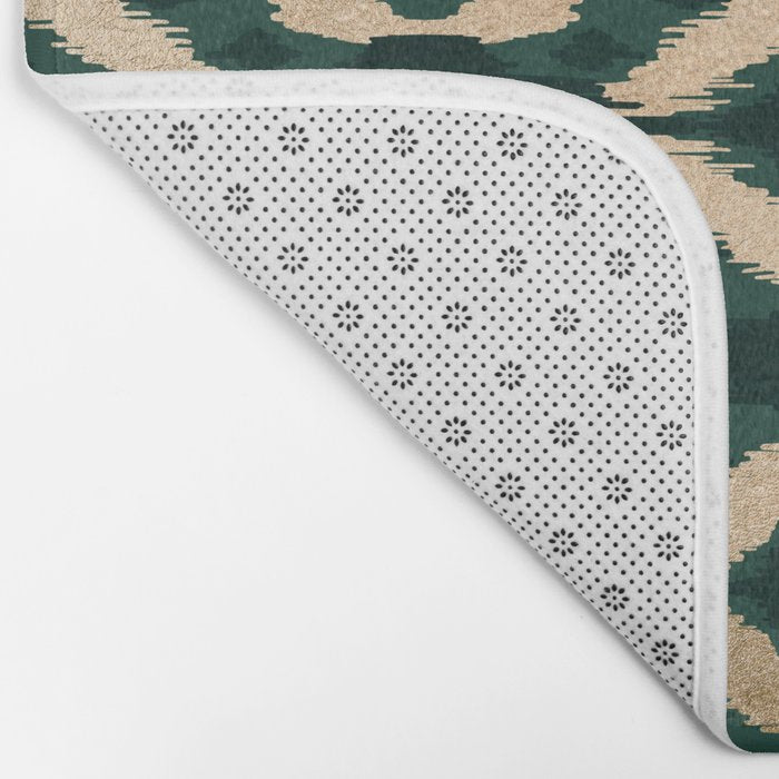 Bohemian Gold Forest Green Ikat Pattern Bath Mat Gallery Image 2