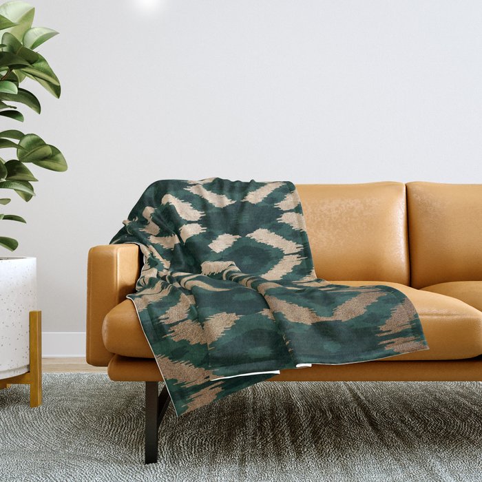 Bohemian Gold Forest Green Ikat Pattern Throw Blanket Gallery Image 1