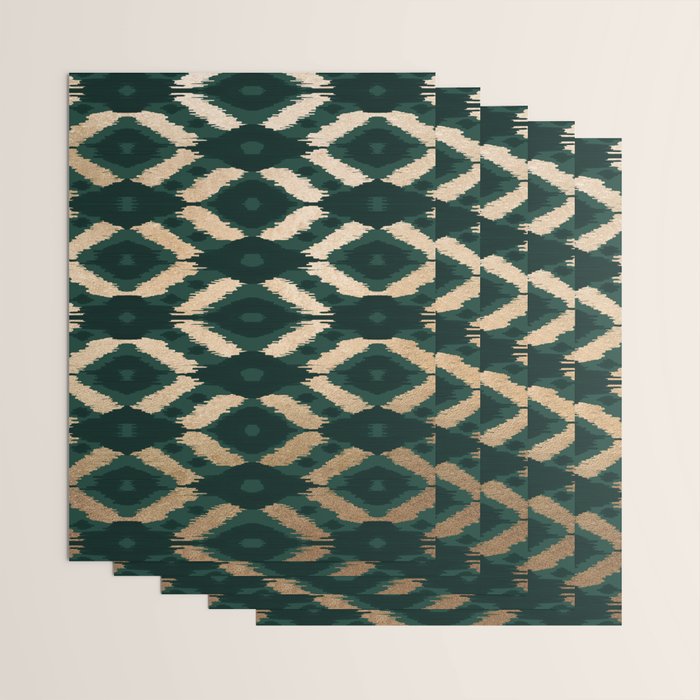Bohemian Gold Forest Green Ikat Pattern Wrapping Paper Gallery Image 3