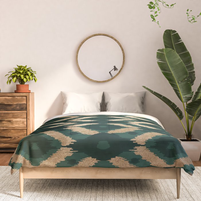 Bohemian Gold Forest Green Ikat Pattern Comforter Gallery Image 3
