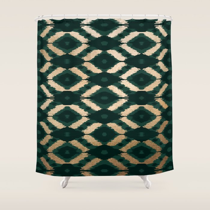 Bohemian Gold Forest Green Ikat Pattern Shower Curtain Gallery Image 1