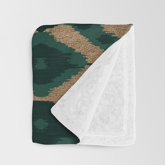 Bohemian Gold Forest Green Ikat Pattern Throw Blanket Gallery Image 3