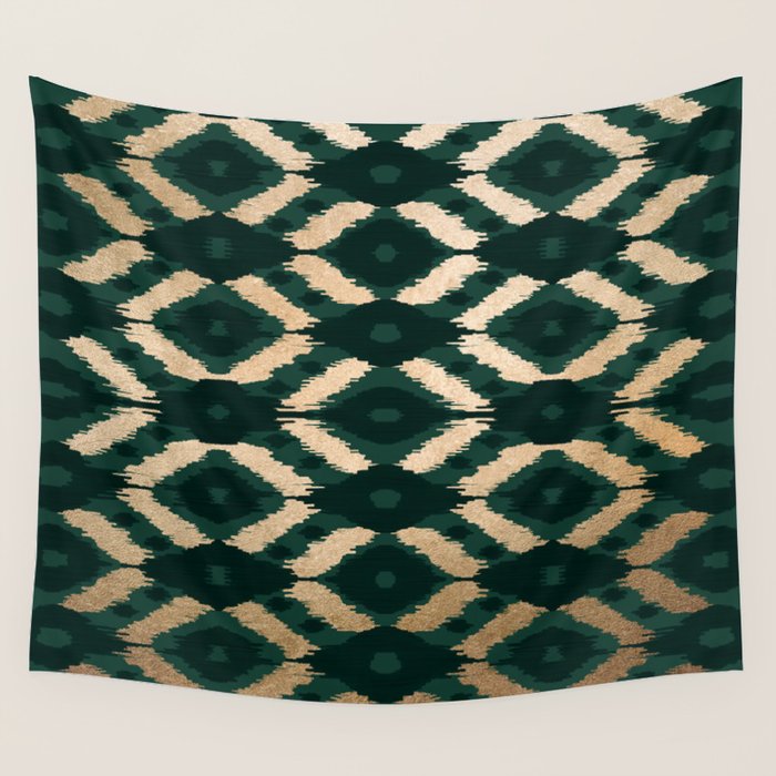 Bohemian Gold Forest Green Ikat Pattern Wall Tapestry Gallery Image 4
