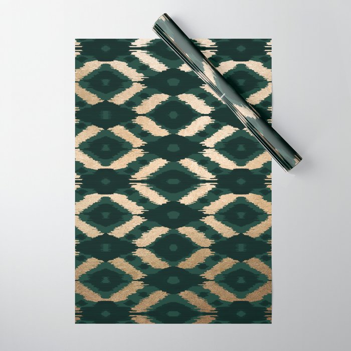 Bohemian Gold Forest Green Ikat Pattern Wrapping Paper Gallery Image 1