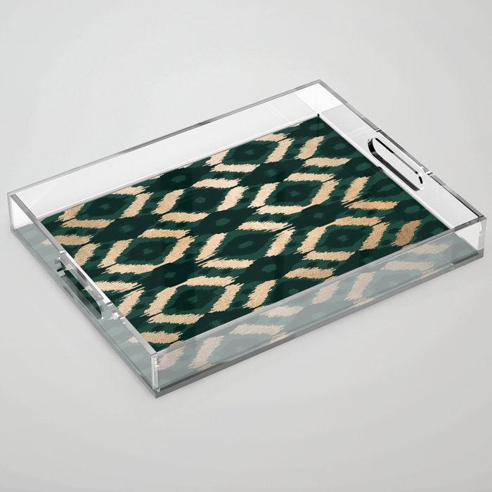 Bohemian Gold Forest Green Ikat Pattern Acrylic Tray Gallery Image 1