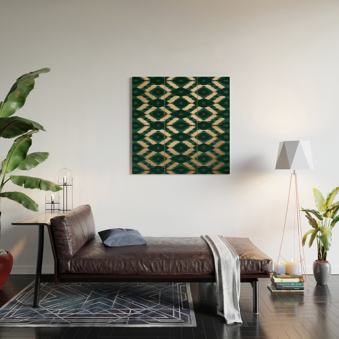 Bohemian Gold Forest Green Ikat Pattern Wood Wall Art Gallery Image 2