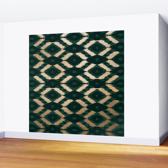 Bohemian Gold Forest Green Ikat Pattern Wall Mural Gallery Image 2