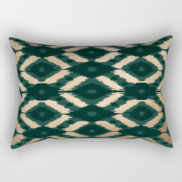 Bohemian Gold Forest Green Ikat Pattern Rectangular Pillow Gallery Image 2