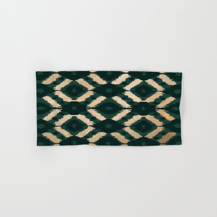 Bohemian Gold Forest Green Ikat Pattern Bath Towel Gallery Image 1