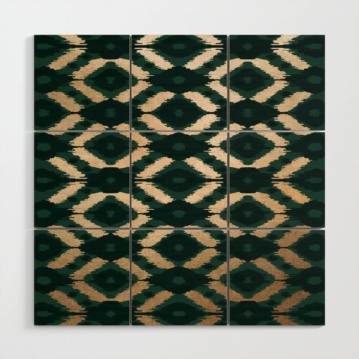 Bohemian Gold Forest Green Ikat Pattern Wood Wall Art Gallery Image 1