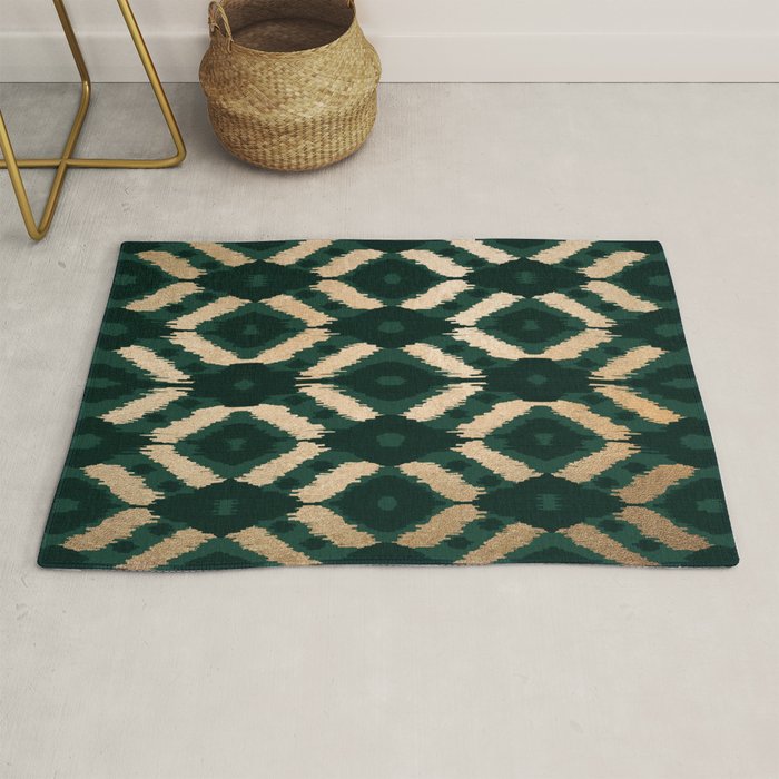 Bohemian Gold Forest Green Ikat Pattern Rug Gallery Image 1