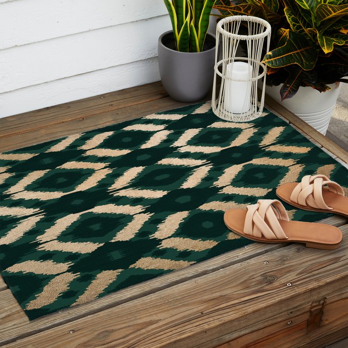 Bohemian Gold Forest Green Ikat Pattern Outdoor Rug Gallery Image 2