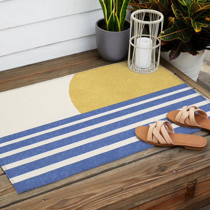 Beach Horizon Lines gold blue Outdoor Rug Gallery Image 2