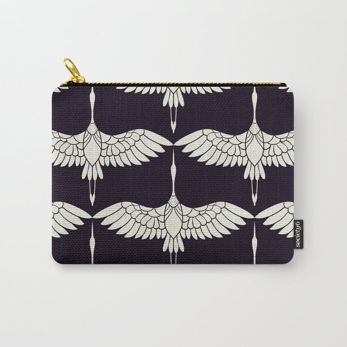 Japanese Crane Ornate Art Deco Black & White Pattern Carry All Pouch Gallery Image 1